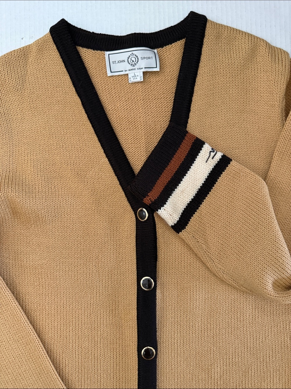 St. John Sport V Neck Wool Sweater: Button Front Stripes Fall Colors Sz L